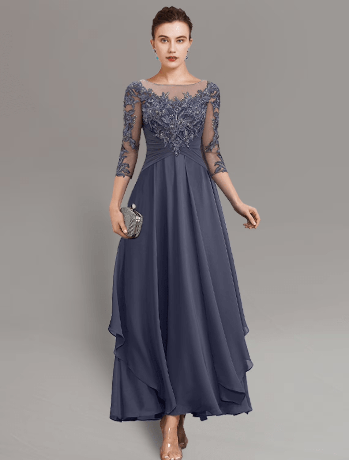 Vestido de festa tubinho/coluna para mãe da noiva, convidada de casamento, simples, elegante, decote em joia, comprimento até ao tornozelo, chiffon, renda, manga 3/4 com pregas, lantejoulas