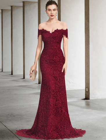Meerjungfrau/Trompete Kleid für die Brautmutter, elegant, schulterfrei, Sweep/Pinselzug, Spitze, kurze Ärmel mit Applikationen