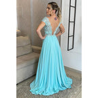 Vestido de noite comprido, sexy, com decote em V e renda, corte A, tamanho grande, para mãe da noiva 