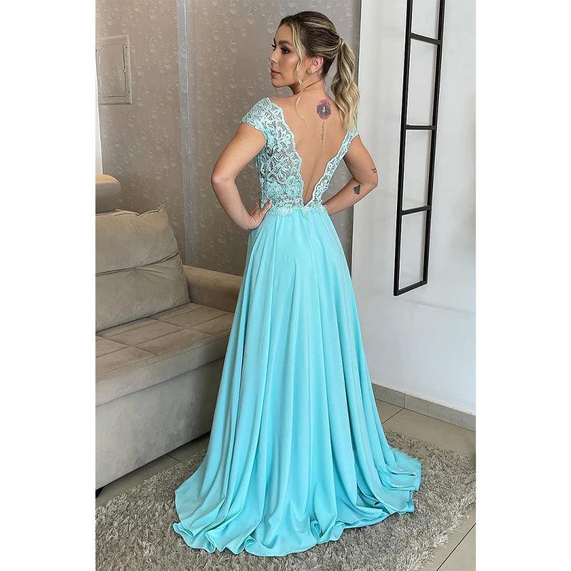 Vestido de noite comprido, sexy, com decote em V e renda, corte A, tamanho grande, para mãe da noiva 