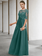 Vestido de mãe da noiva estilo tubo/coluna, tamanho grande, elegante, decote em joia, comprimento até ao chão, chiffon, renda, manga curta com aplicações, drapeado lateral