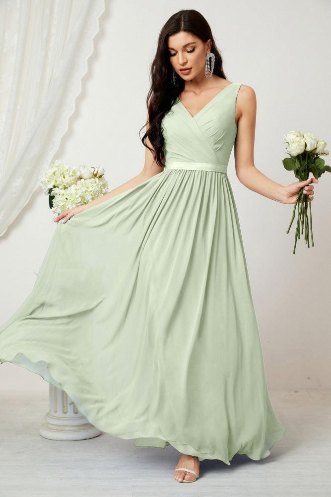 Vestido de dama de honor largo de gasa para mujer, línea A sin mangas, vestido formal de baile de graduación para fiesta nocturna, vestido de regreso a casa 2808