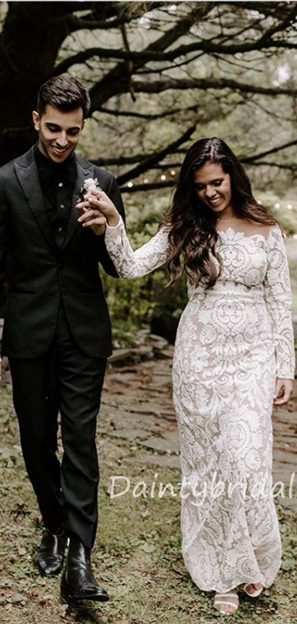 Elegantes U-Ausschnitt Tüll Spitze Bodenlanges Vatage Brautkleid.DB10405