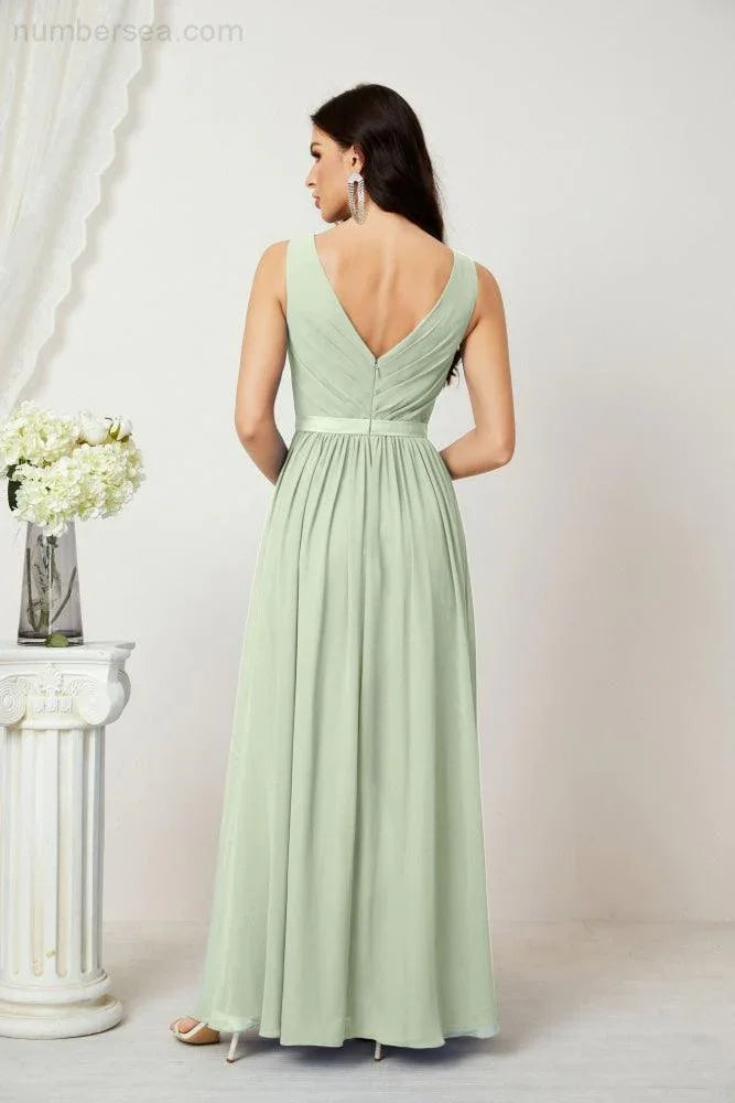 Abito da Sera Donna in Chiffon Lungo per Damigelle, Scollato, Senza Maniche, Linea A, per Feste Serali, Ballo di Fine Anno e Homecoming, Modello 2808