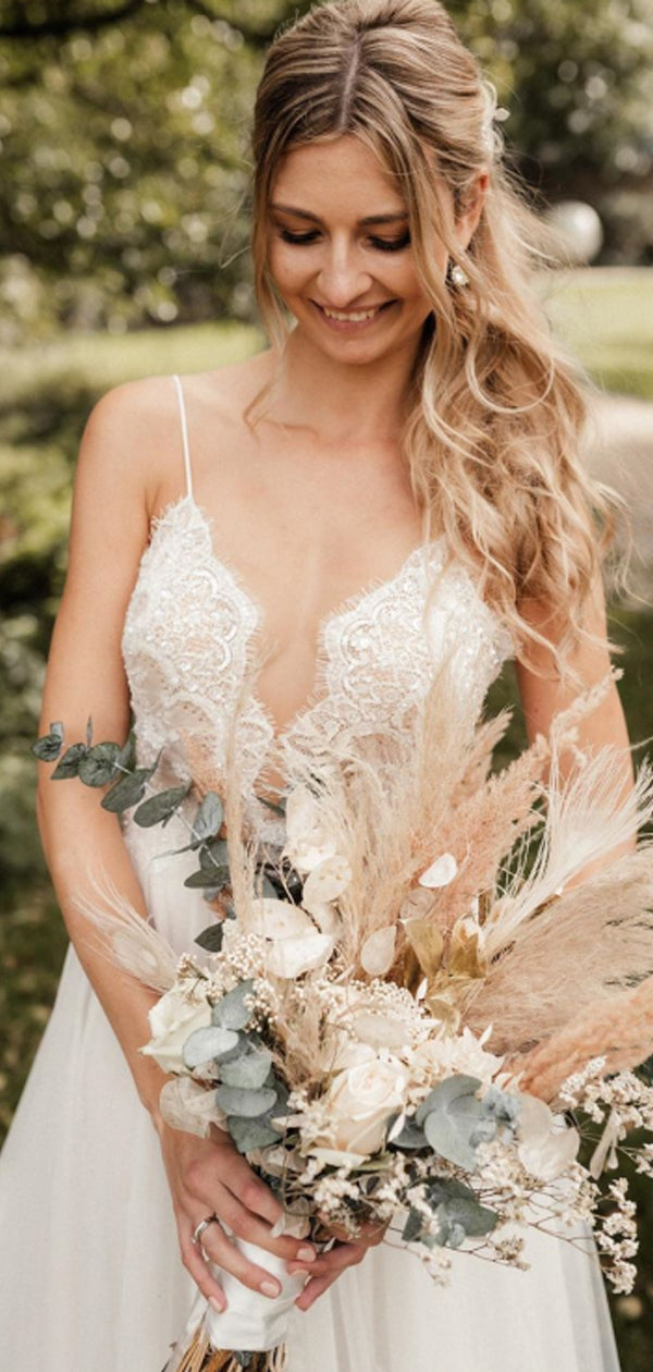 Neue Ankunft V-Ausschnitt Spitze Tüll A-Linie Lange Brautkleider.DB10475