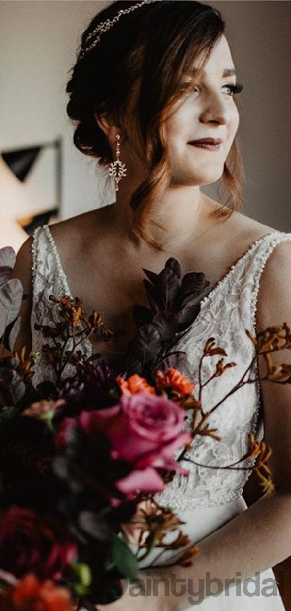 Sexy V-neck Tulle With Lace Open Back Wedding Dresses With Appliques,DB10265