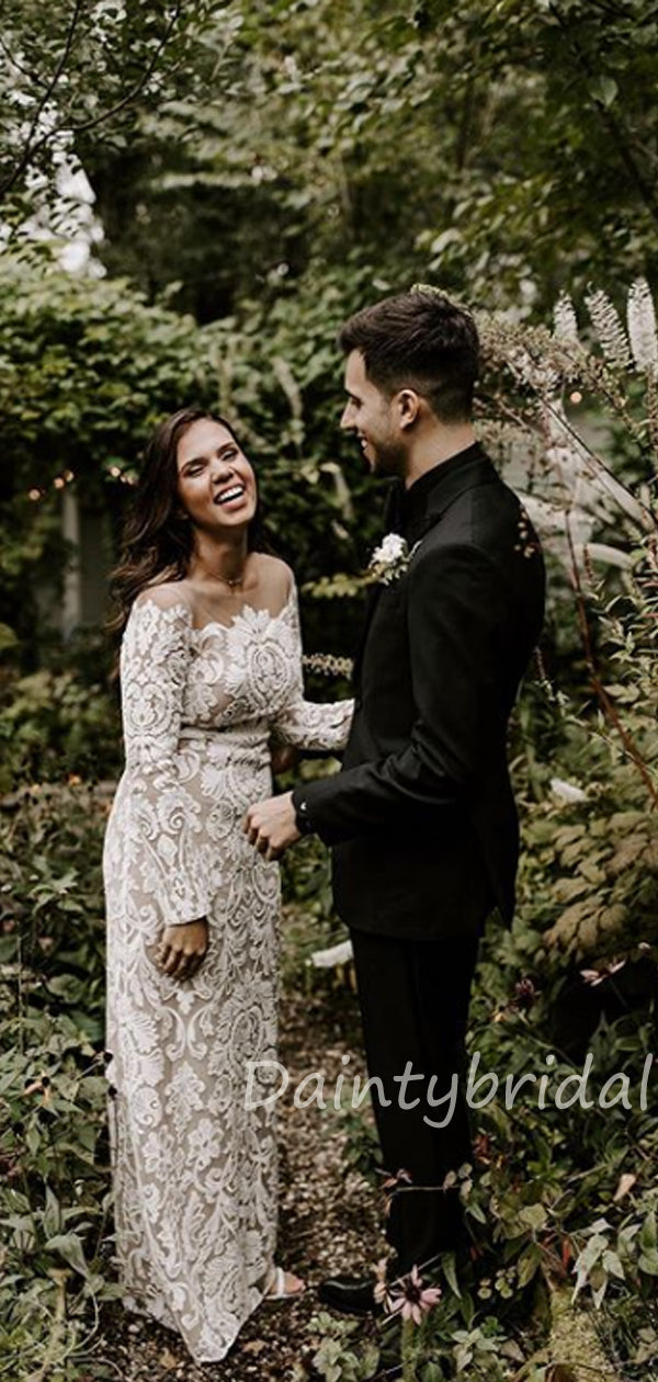 Elegantes U-Ausschnitt Tüll Spitze Bodenlanges Vatage Brautkleid.DB10405