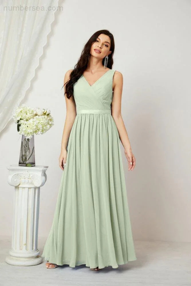 Abito da Sera Donna in Chiffon Lungo per Damigelle, Scollato, Senza Maniche, Linea A, per Feste Serali, Ballo di Fine Anno e Homecoming, Modello 2808