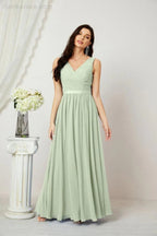 Abito da Sera Donna in Chiffon Lungo per Damigelle, Scollato, Senza Maniche, Linea A, per Feste Serali, Ballo di Fine Anno e Homecoming, Modello 2808