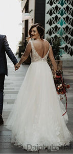 Sexy V-neck Tulle With Lace Open Back Wedding Dresses With Appliques,DB10265