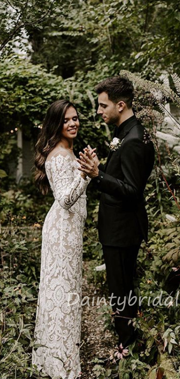 Elegantes U-Ausschnitt Tüll Spitze Bodenlanges Vatage Brautkleid.DB10405