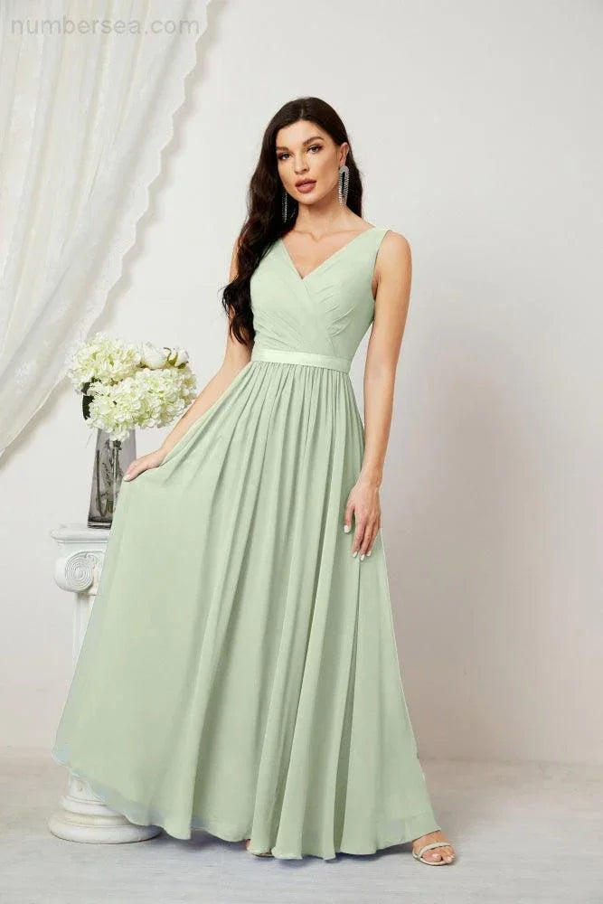 Abito da Sera Donna in Chiffon Lungo per Damigelle, Scollato, Senza Maniche, Linea A, per Feste Serali, Ballo di Fine Anno e Homecoming, Modello 2808