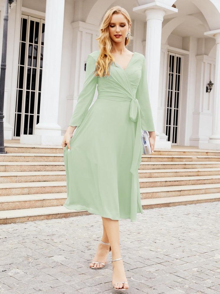 Vestido de madrinha com decote em V e cinto para mãe da noiva e convidada de casamento 28031 