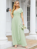 Numbersea Chiffon Bridesmaid Dresses Long Formal Evening Prom Mother of The Bride Dress with Flutter Sleeve     SEA28040