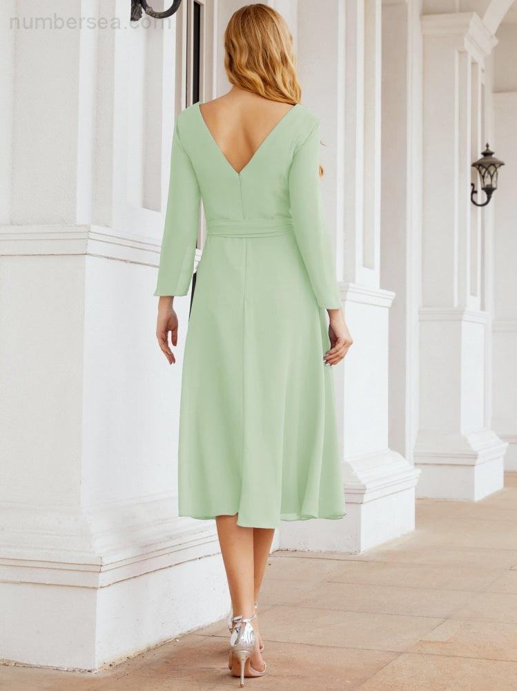 Vestido de madrinha com decote em V e cinto para mãe da noiva e convidada de casamento 28031 