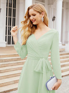 Vestido de madrinha com decote em V e cinto para mãe da noiva e convidada de casamento 28031 