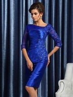 Etui-Linie/Säule Perlen verziert 3/4 Ärmel Kurz Elastischer Satin Kleider für die Brautmutter