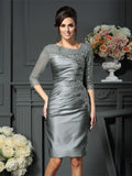 Abito da Sposa per la Madre in Satin Corto con Scollo a V e Maniche a Tre Quarti con Perline