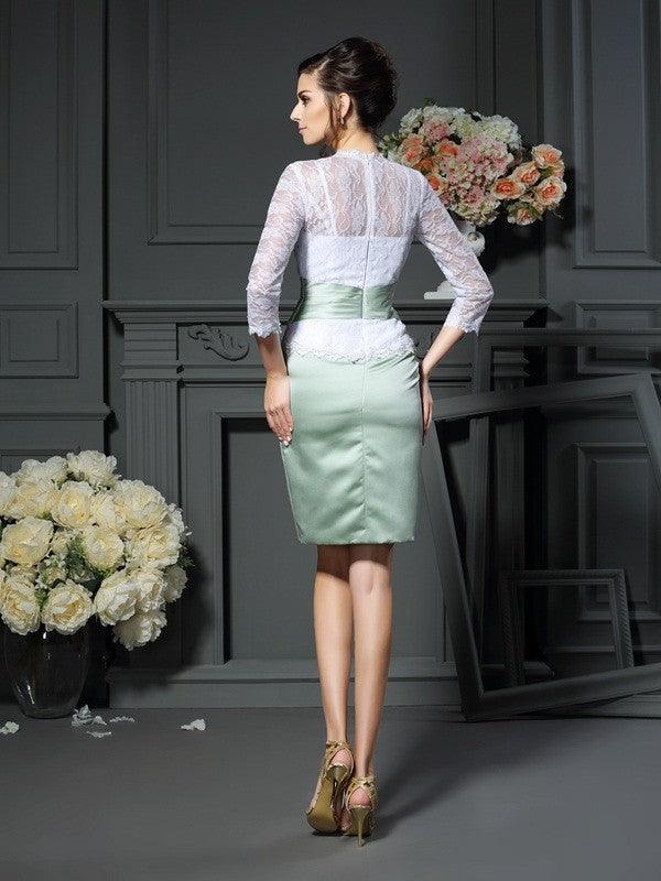 Vestidos curtos de cetim para mãe da noiva, decote em V, renda, mangas 1/2