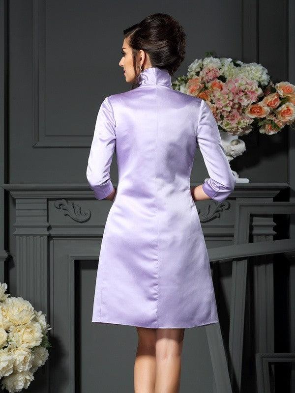 Vestidos curtos de cetim para mãe da noiva, com decote em V e sem mangas, com corte direito/coluna e laço