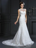 Abito da Sposa Satin Semplice Senza Maniche con Scollo Bateau e Pizzo
