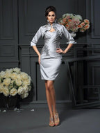 Vestidos curtos de cetim para mãe da noiva, corte em forma de coração, sem mangas e com missangas