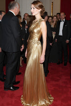 Goldenes One-Shoulder-Etuikleid aus Metallic-Satin, lang, formelles Kleid