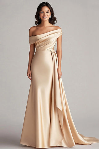 Ruched Champagne Sheath One Shoulder Long Formal Dress