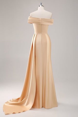 One Shoulder Pleated Champagne Sheath Long Formal Dress