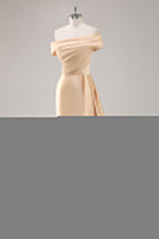Champagnerfarbenes, gerüschtes Etuikleid mit einer Schulter