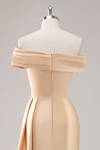 One Shoulder Pleated Champagne Sheath Long Formal Dress