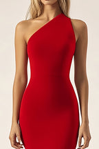 Rotes One-Shoulder-Meerjungfrau-Satin-Lang-Militär-Ballkleid mit Schlitz