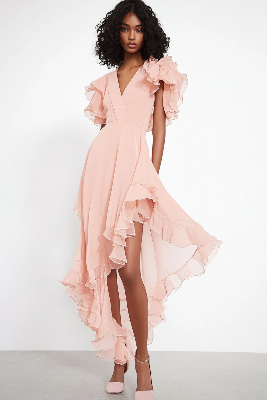 Rosa Chiffon Asymmetrisches Abendkleid mit V-Ausschnitt und Rüschen