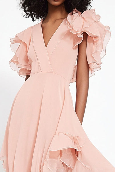 Rosa Chiffon Asymmetrisches Abendkleid mit V-Ausschnitt und Rüschen
