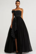 Robe de soirée noire asymétrique en tulle à paillettes
