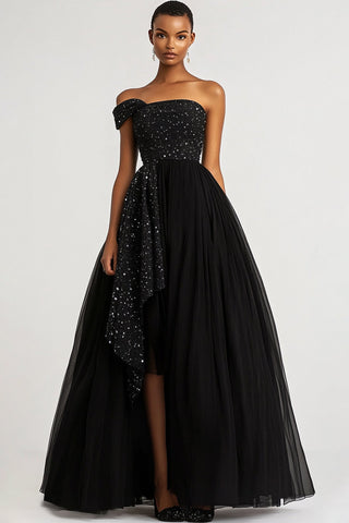 A-Linie Schwarzes One-Shoulder-Tüll-Pailletten-Ballkleid