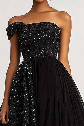 A-Linie Schwarzes One-Shoulder-Tüll-Pailletten-Ballkleid