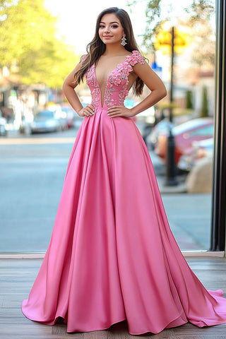 Glitzerndes, rosa Prinzessinnen-Ballkleid aus Satin mit V-Ausschnitt und Applikationen