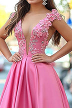Vestido de festa comprido em cetim com decote em V e apliques, estilo princesa rosa brilhante