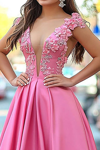 Glitzerndes, rosa Prinzessinnen-Ballkleid aus Satin mit V-Ausschnitt und Applikationen