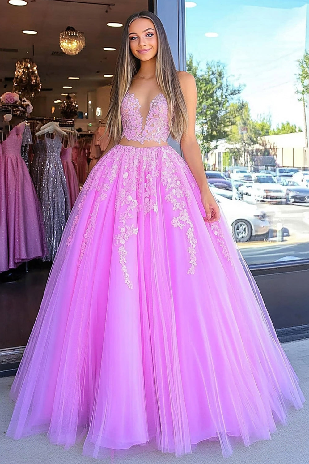 Vestido de festa comprido em tule com aplicações e decote em coração, cor princesa fúcsia, 2 peças