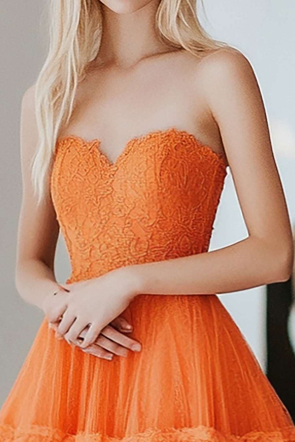 Vestido de festa comprido de renda em camadas, estilo princesa laranja