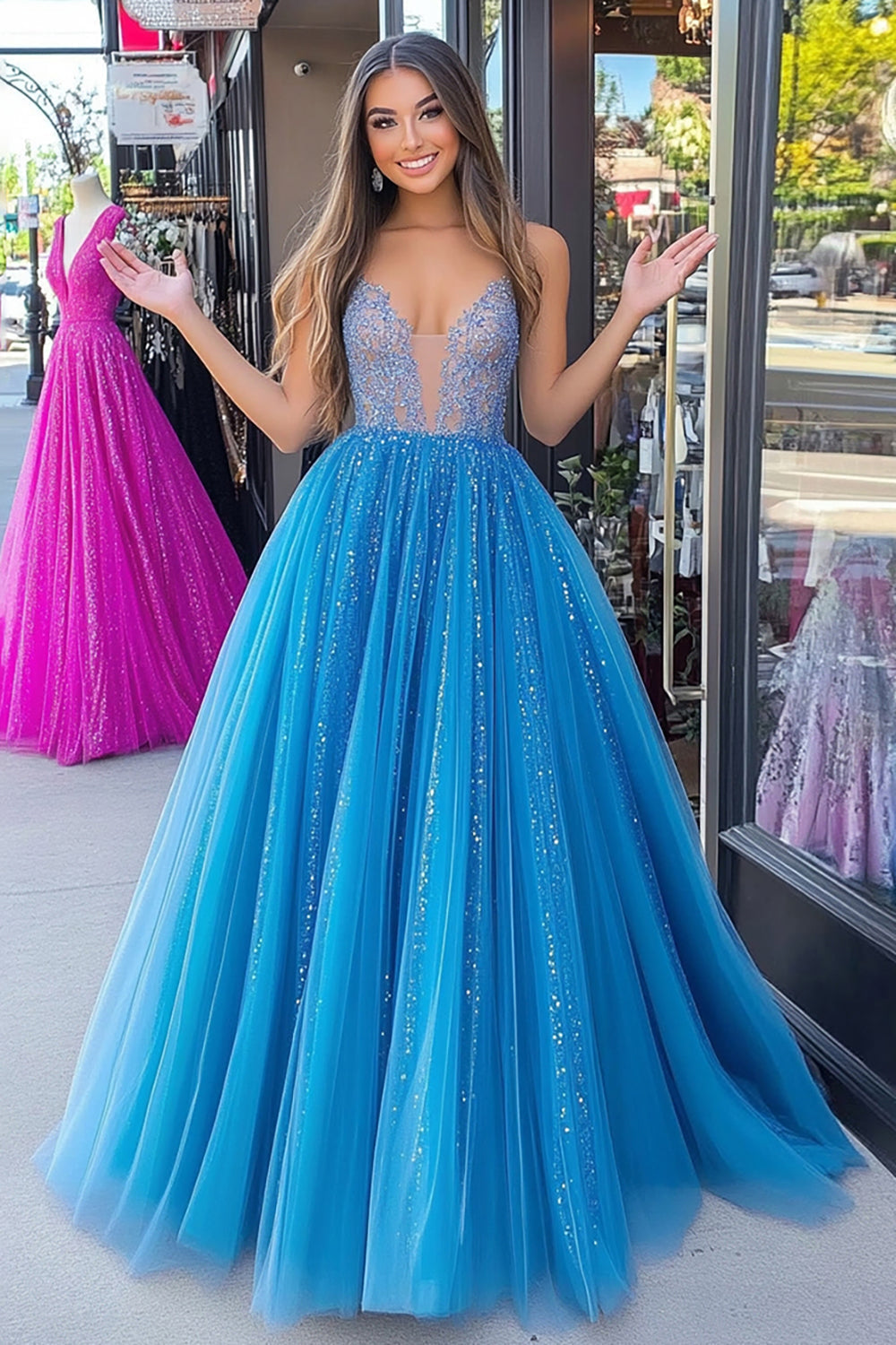 Vestido de festa comprido em tule com decote em V e lantejoulas, azul brilhante, princesa