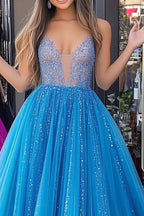 Vestido de festa comprido em tule com decote em V e lantejoulas, azul brilhante, princesa