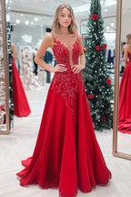 Vestido de festa comprido vermelho brilhante com alças finas e aplicações de lantejoulas