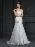Abito da Sposa in Satin Lungo Senza Maniche e Spalline con Applicazioni a Fascia/Colonna