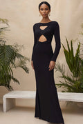 Vestido Largo Formal Negro de Escote Bajo con Mangas Largas