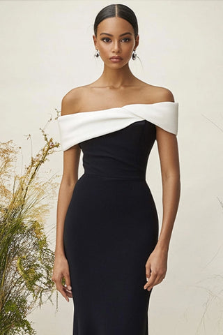 Weißes schwarzes Etuikleid mit schulterfreiem, langem Abendkleid