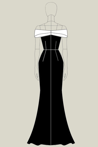 Weißes schwarzes Etuikleid mit schulterfreiem, langem Abendkleid