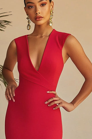 Sheath Red Satin V-Neck Long Formal Dress